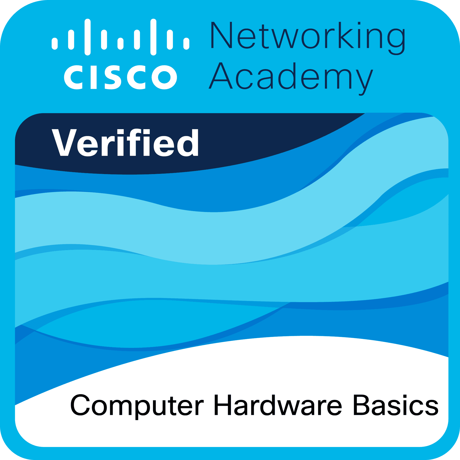 Cisco Networking Academy badge for verified course completion in Computer Hardware Basics.