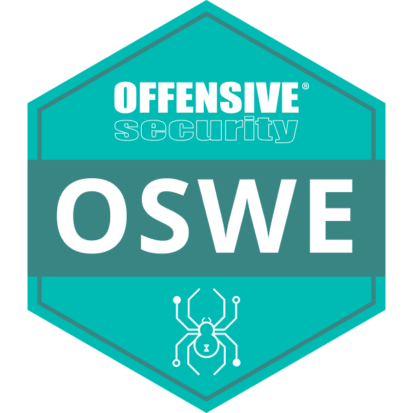 Offensive Security OSWE badge with a spider logo on a teal hexagon background.