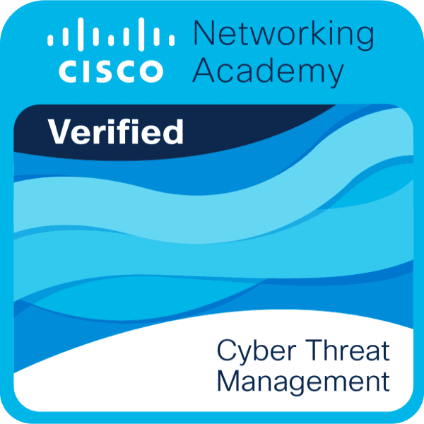 Cisco Networking Academy Verified badge for Cyber Threat Management with blue wave design and text.